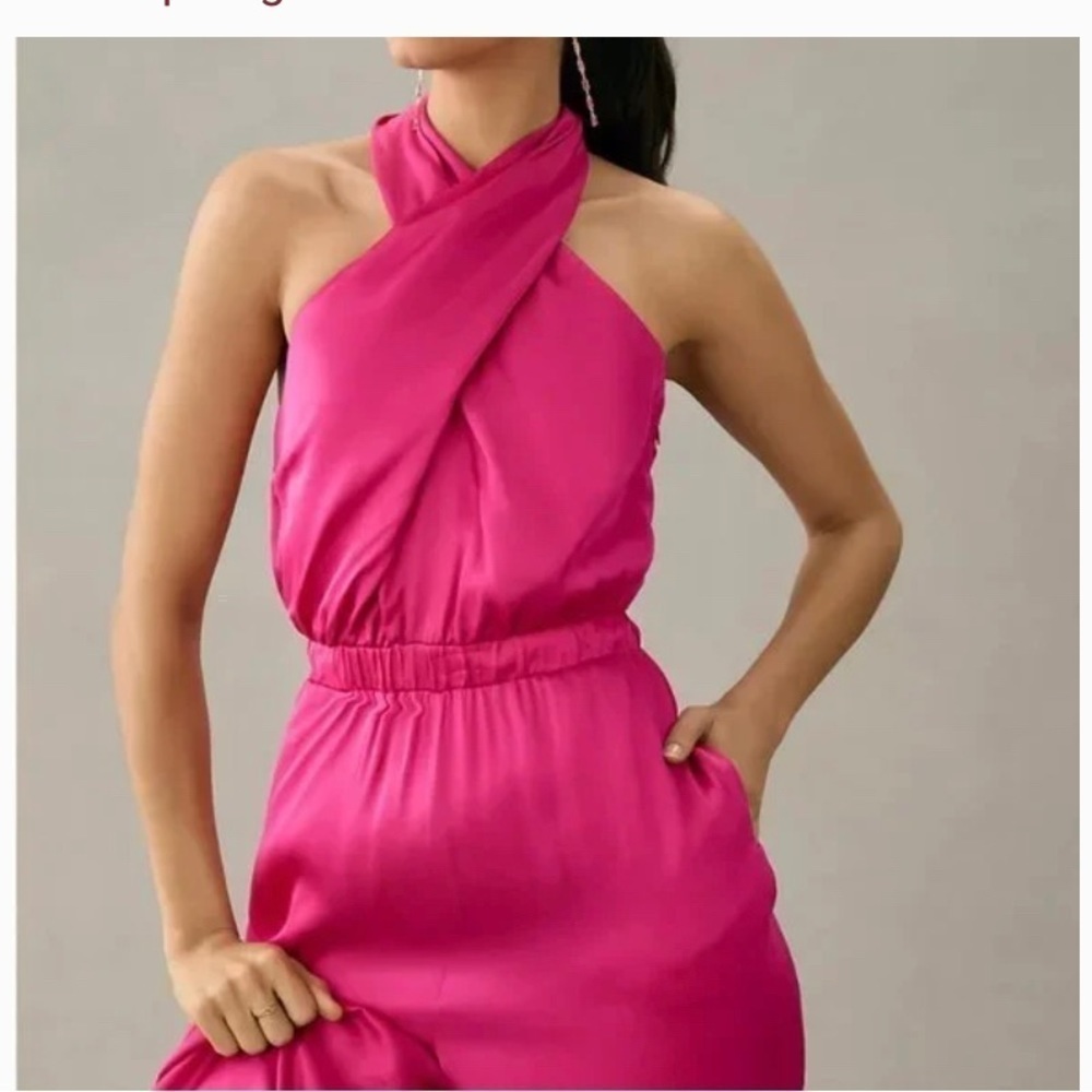 Anthropologie satin Jumpsuit Sz L Halter Neck wide leg home coming  romantic